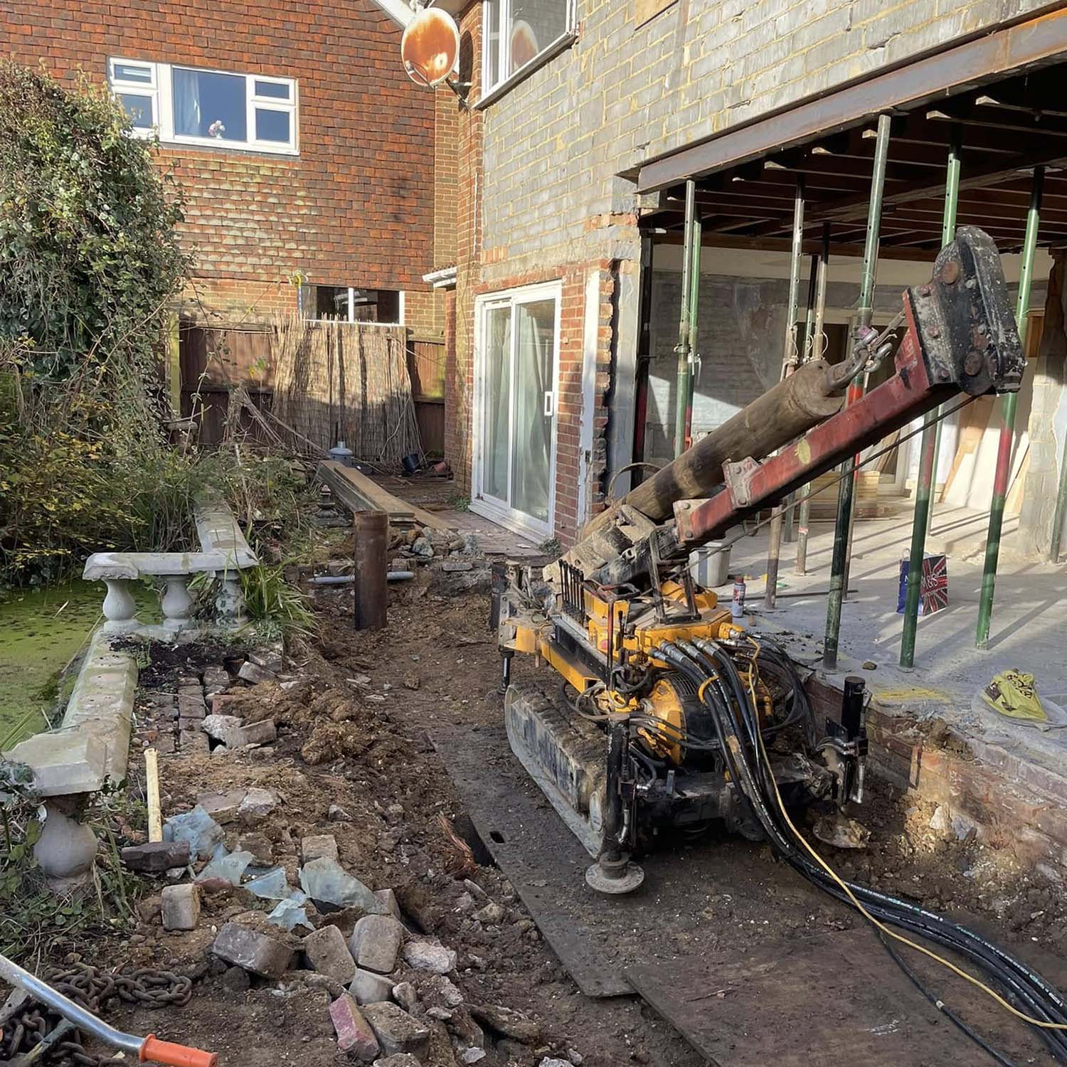 open bore mini piling machine in back garden in Basildon | Essex | Kent | London | Hertfordshire